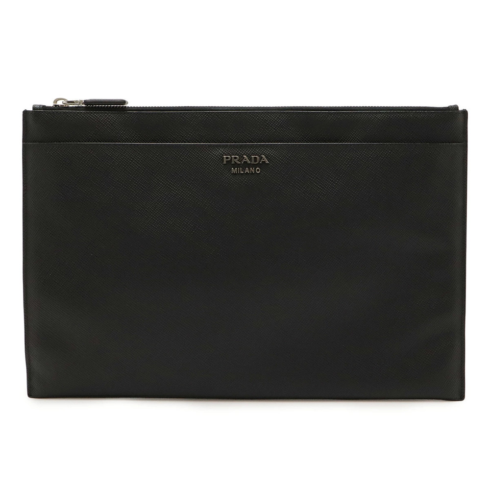 Prada Saffiano Leather Clutch Bag Shoulder Black Nero Black